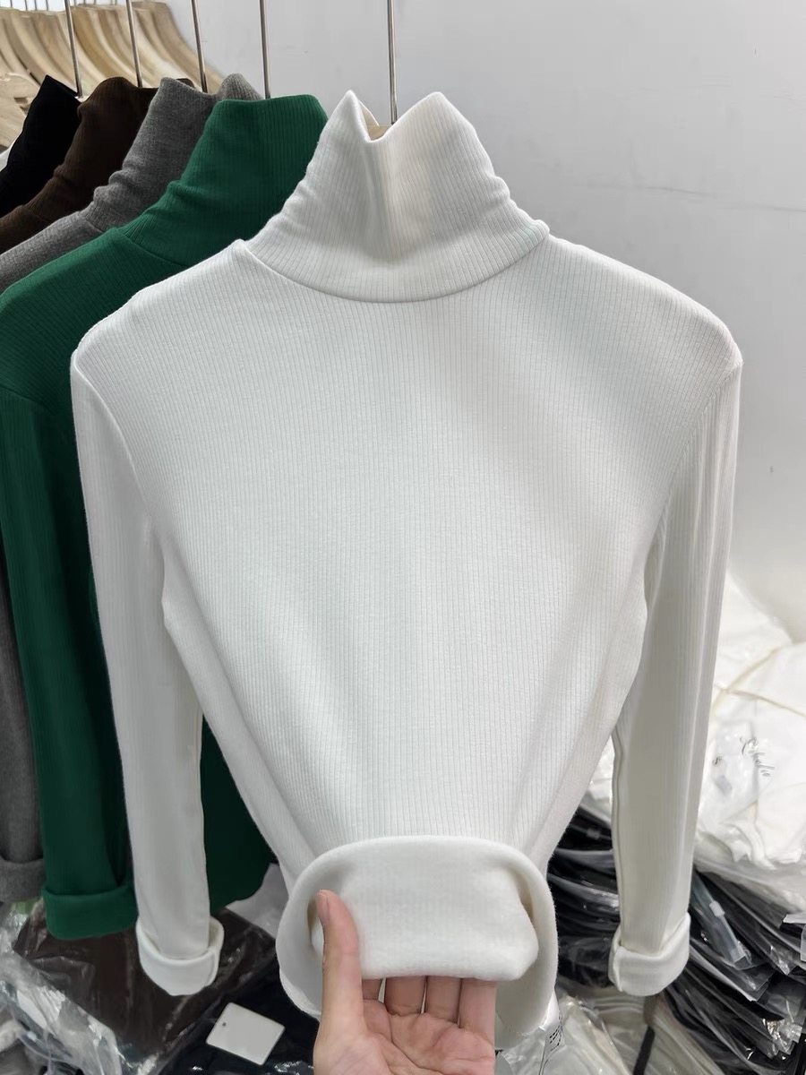 High collar cashmere pit strips plus velvet thickening bottoming 2024 new European winter fashion top solid color slimming