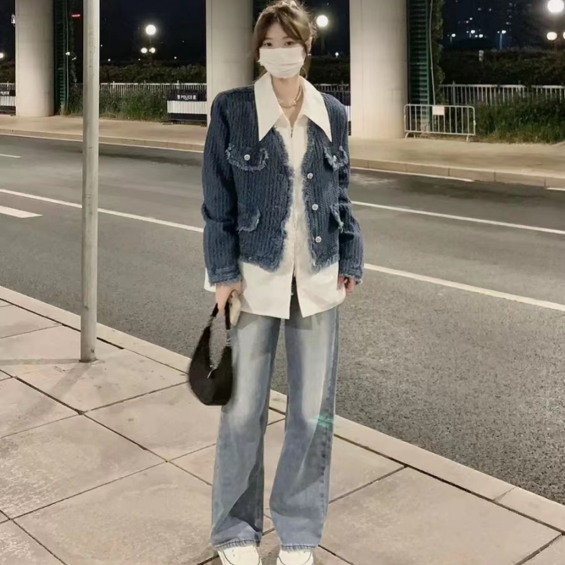 茶系穿搭一整套女裝202新款鹽系設計感炸街襯衣外套牛仔褲三件套