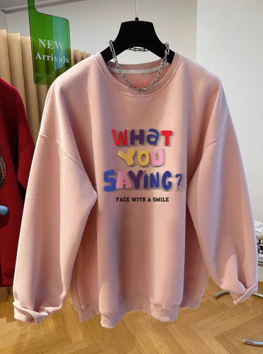 First release of extra large size 300 pounds Chinese cotton spring and autumn thin 320g round neck printed sweatshirt for women