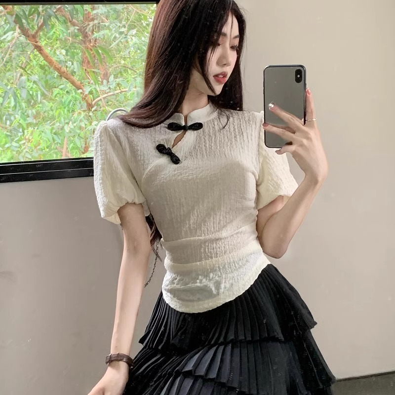 Official photo New Chinese style improved button cheongsam short-sleeved pure lust style puff sleeve thin shirt top