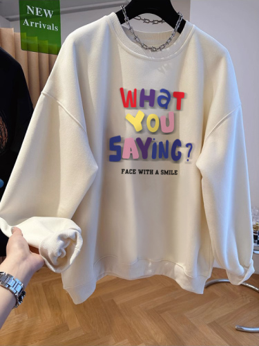 First release of extra large size 300 pounds Chinese cotton spring and autumn thin 320g round neck printed sweatshirt for women