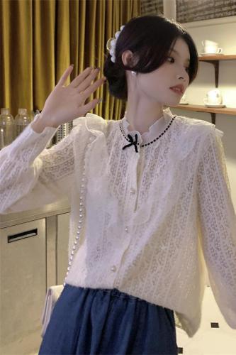 2024 new fashionable and versatile sweet age-reducing ruffled velvet lace bottoming shirt women's shirt real shot