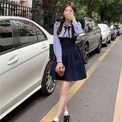 Retro age-reducing college style dress 2024 spring splicing design fake two-piece ruffled slimming high-waist skirt