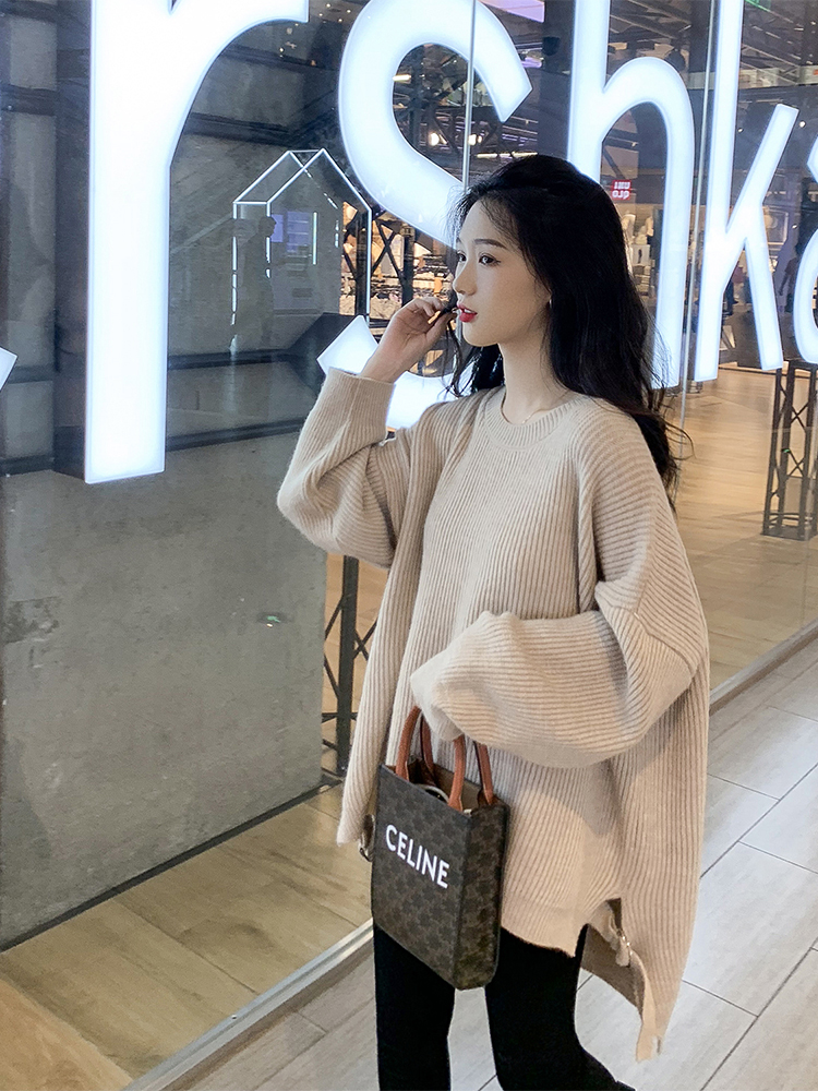 Japanese retro lazy style loose side slit net red sweater women's fashionable and versatile outer sweater