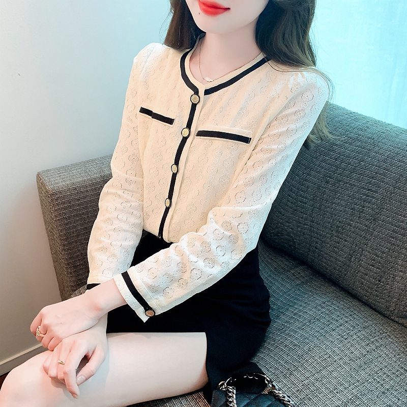 2024 Spring and Autumn New Style Hollow Heavy Embroidery Contrast Color Round Neck Long Sleeve Shirt