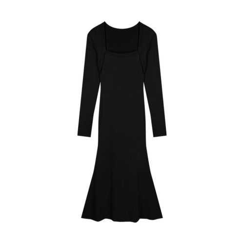 Royal sister style gray square neck long-sleeved dress for women 2024 spring and autumn inner skirt with hip-covering fishtail long skirt