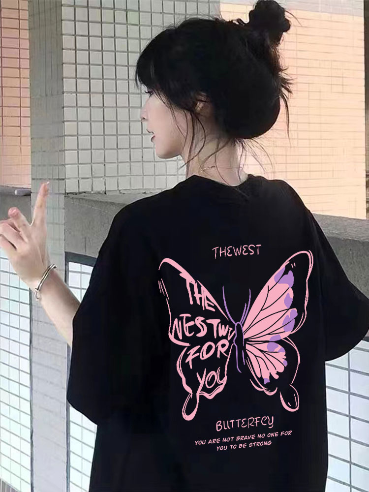 落肩寬鬆版型200克精梳純棉後包邊短袖T恤印花款