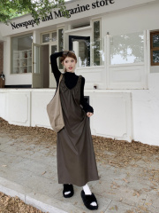 Actual shot of high-end solid color V-neck, loose and slim PU leather suspender sleeveless dress for women