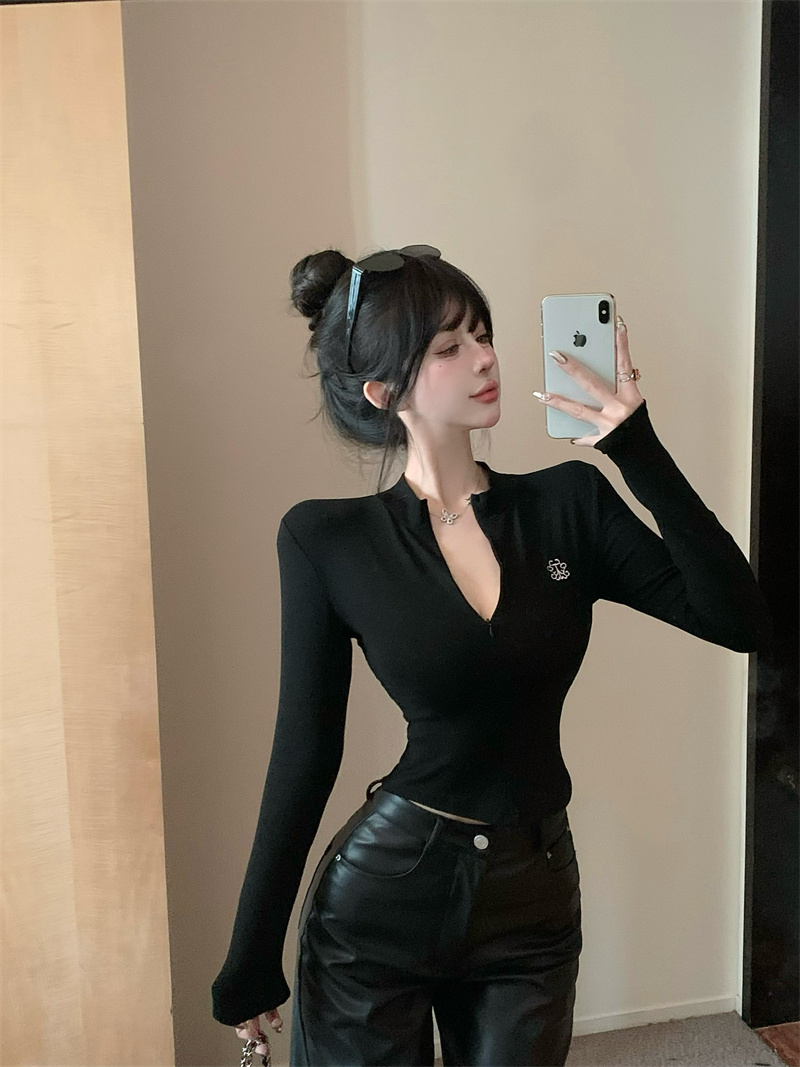 實拍 高領小心機露背T恤辣妹內搭修身短款打底衫外穿上衣女