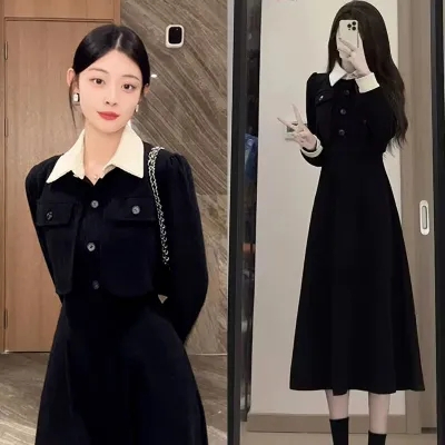 Spring women's 2024 new French long-sleeved fake two-piece dress autumn and winter rich little daughter's fragrance style matching