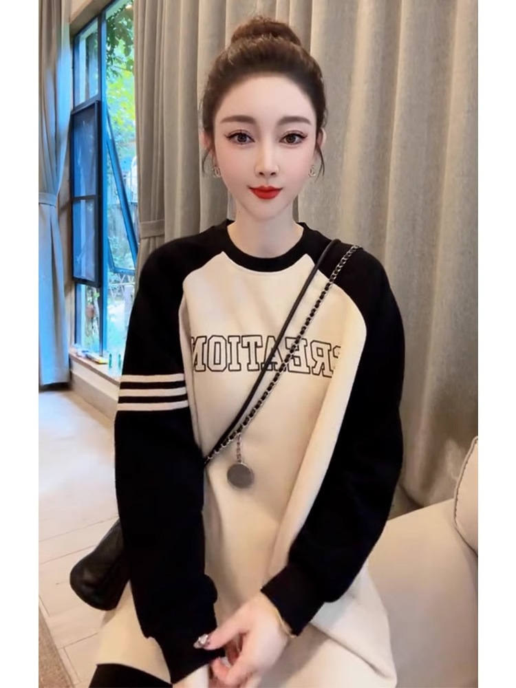 Official picture of Chinese cotton composite true super plus velvet raglan sleeves trendy sweatshirt winter round neck thermal top plus size women's 200 pounds