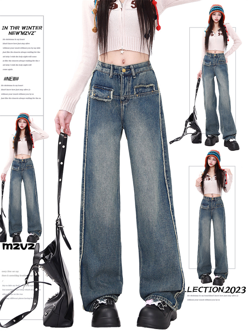 Actual shot-2024 thickened and velvet American retro denim straight pants for winter, warm and slimming high-waisted trousers