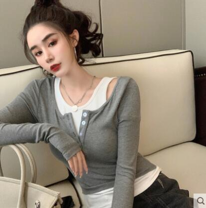 春秋季長袖假兩件上衣女秋裝新款性感純欲長袖t恤打底衫內搭女
