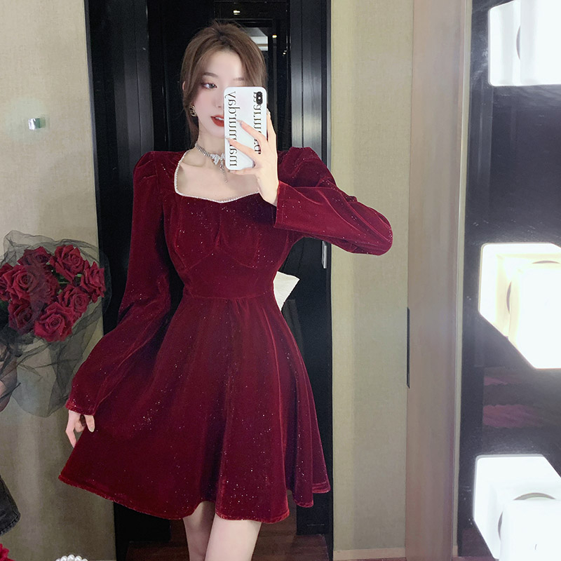 Red velvet dress dress women's early autumn and winter new style with coat long sleeves slimming temperament