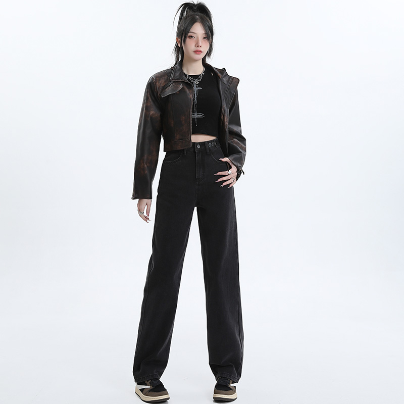 實拍2024早春時尚潮流直筒闊腿美式復古牛仔褲女