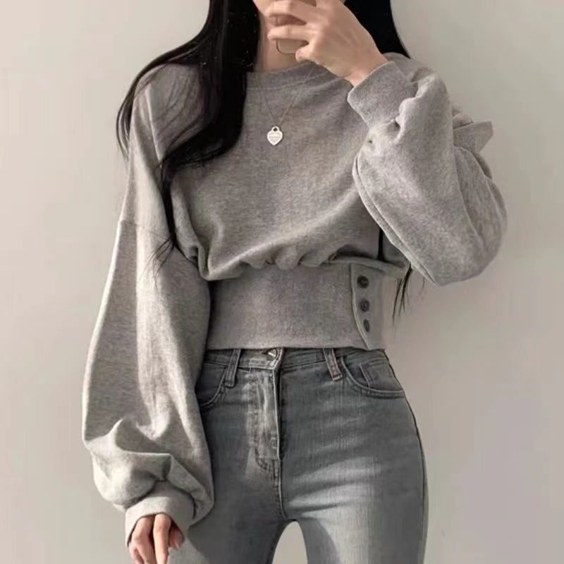 Korean chic spring niche design round neck buttoned waist slimming long sleeve short T-shirt top trendy