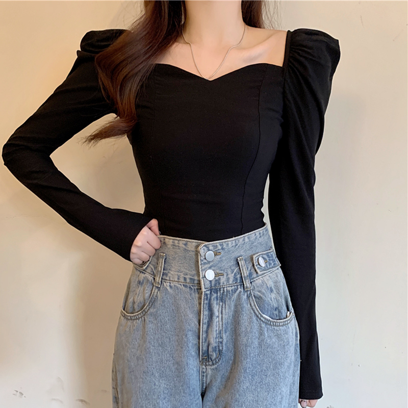Real shot French square collar clavicle short slim fit black long-sleeved T-shirt women's new autumn and winter bottoming shirt top