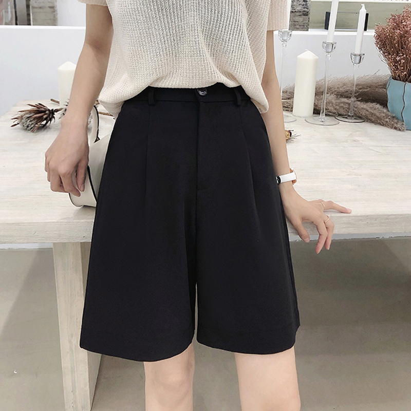 Official photo of five-point suit shorts for women, summer loose, high-waisted half pants, slimming, wide-legged, Hong Kong-style mid-pants