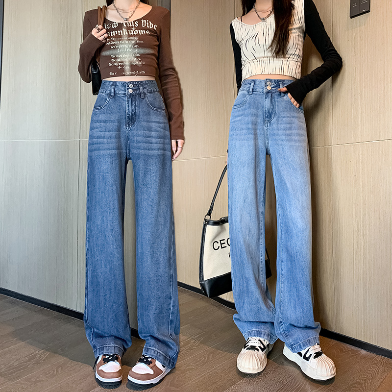 實拍2024早春牛仔闊腿褲女垂感寬鬆冰絲直筒褲