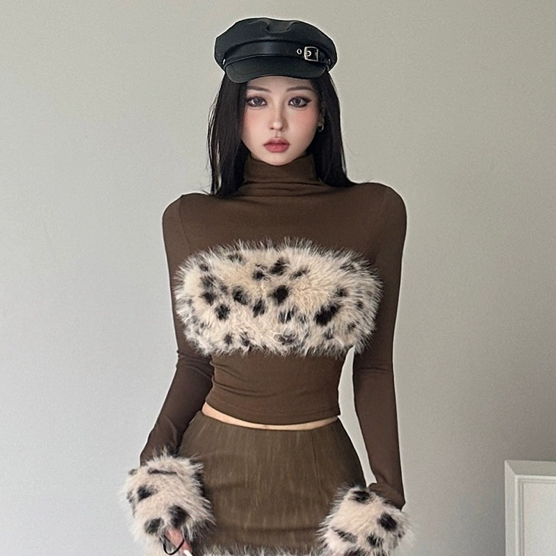 時髦氣質豹紋毛毛拼接胸型T恤女修身高領長袖打底上衣