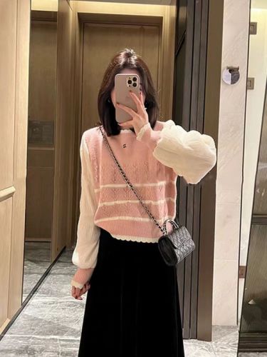 Striped Contrast Color Puff Sleeve Sweater Women's 2024 New Women's Spring Bottoming Shirt Sweet Age-Reducing Knitted Top