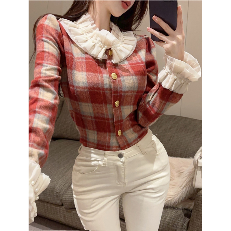 Rich daughter retro plaid shirt doll collar sweet long-sleeved French niche short coat women's autumn and winter top