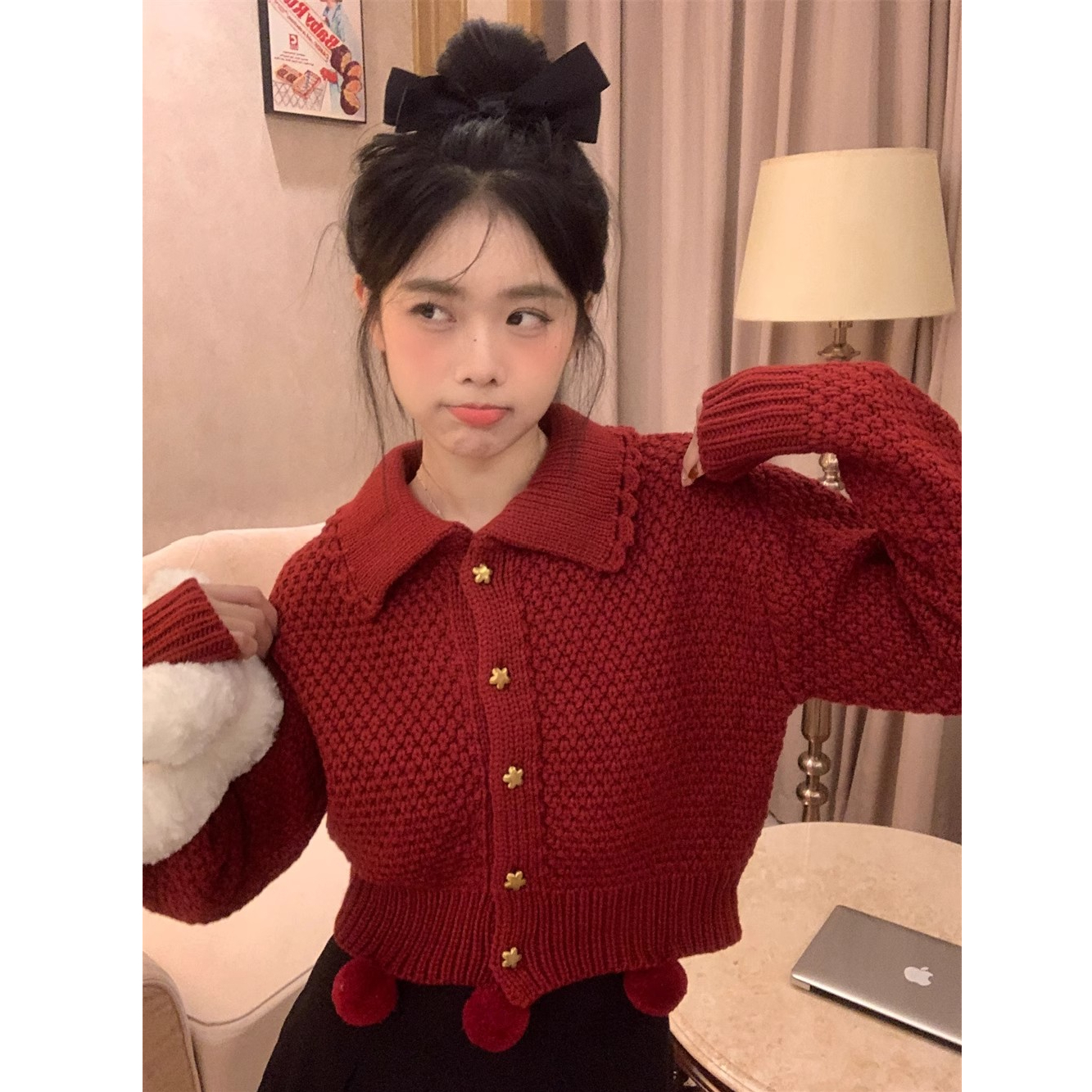 ~甜辣紅色復古球球加厚毛衣外套女冬季聖誕節短款上衣外穿