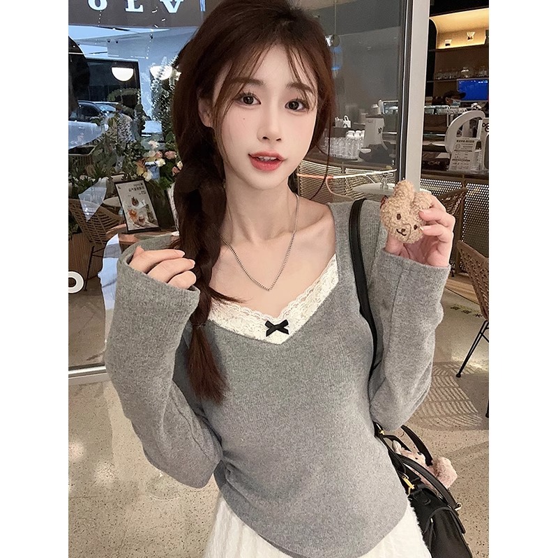 Gentle and pure style lace splicing long-sleeved T-shirt for women 2024 spring and autumn slimming and chic inner layering top