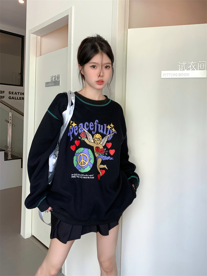 Back collar, double-layered hood, non-pilling, with cotton screw thread, imitation cotton Chinese cotton composite 310g thin sweatshirt for women with print