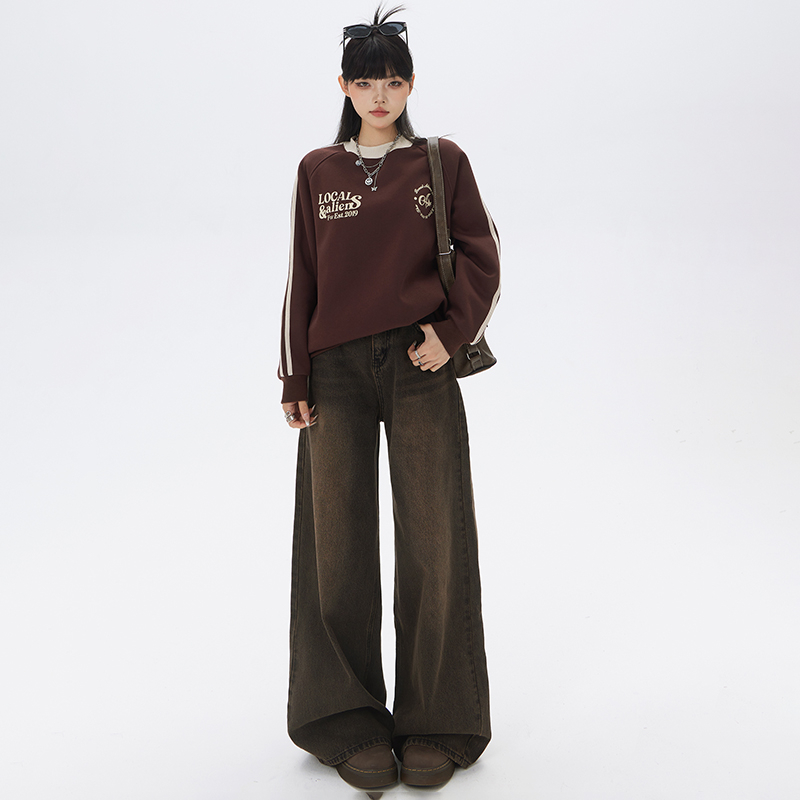 實拍2024早春復古美拉德寬鬆闊腿褲垂感拖地直筒褲牛仔褲女