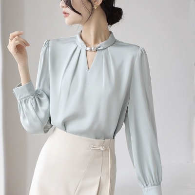 French niche halterneck stand-up collar beaded shirt for women 2024 spring new style pullover satin temperament commuting professional top