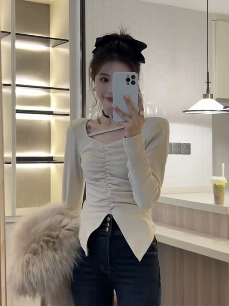 2024女裝春秋冬季新款時尚甜美小眾設計感T袖不規則褶皺方領上衣