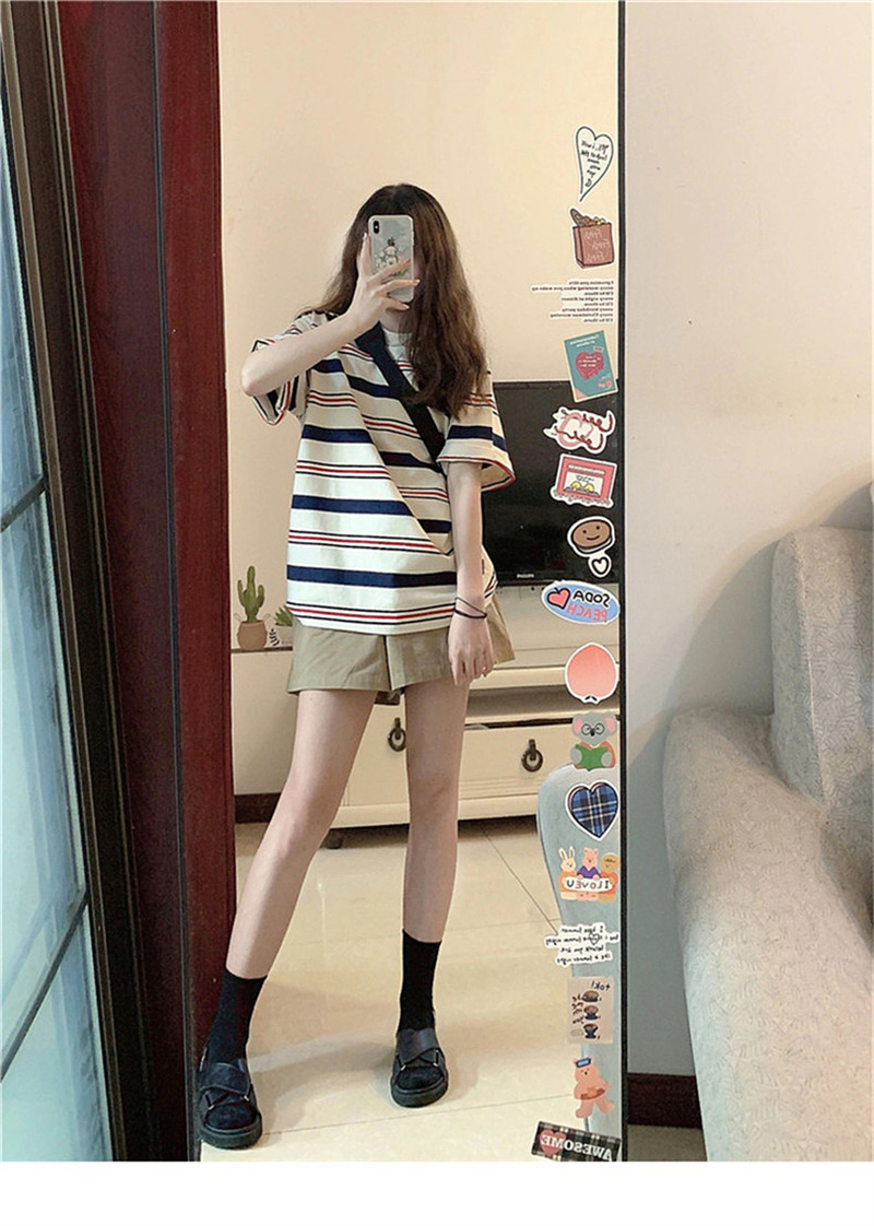 美式正肩條紋t恤短袖女寬鬆小眾別致獨特設計感上衣新款夏季