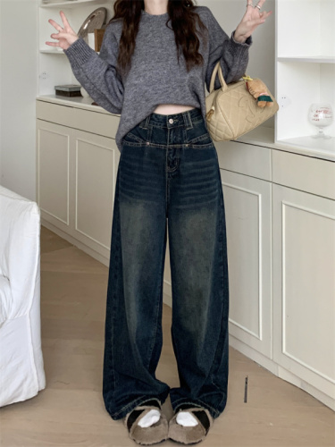 Actual shot of early spring new Korean style high-waisted loose slimming straight long jeans for women