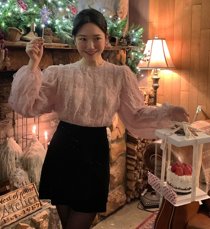 韓國東大門春季新款蕾絲波浪網紗長袖圓領氣質襯衣女