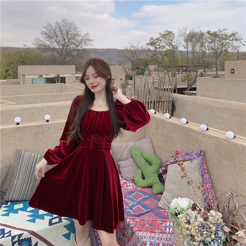 French Hepburn style gold velvet dress women's autumn puff sleeve square neck waist slim skirt high-end short skirt