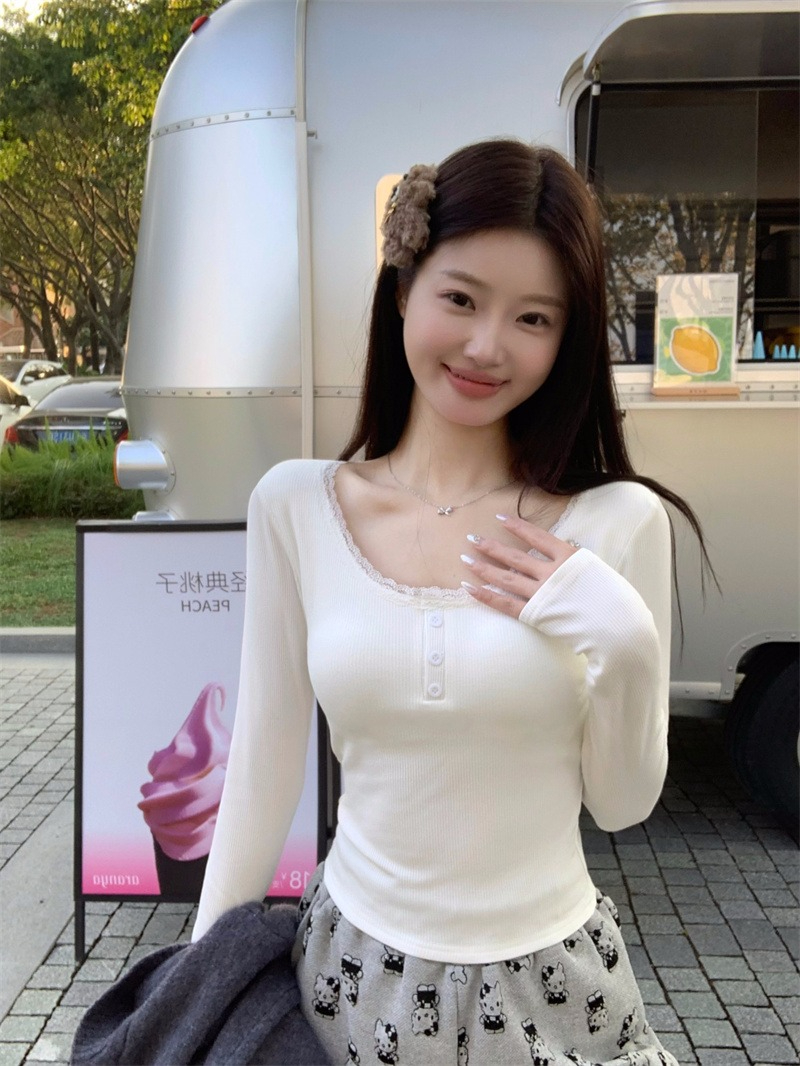 帶胸墊甜美露思~蕾絲針織打底衫冬季純欲修身內搭上衣帶胸墊
