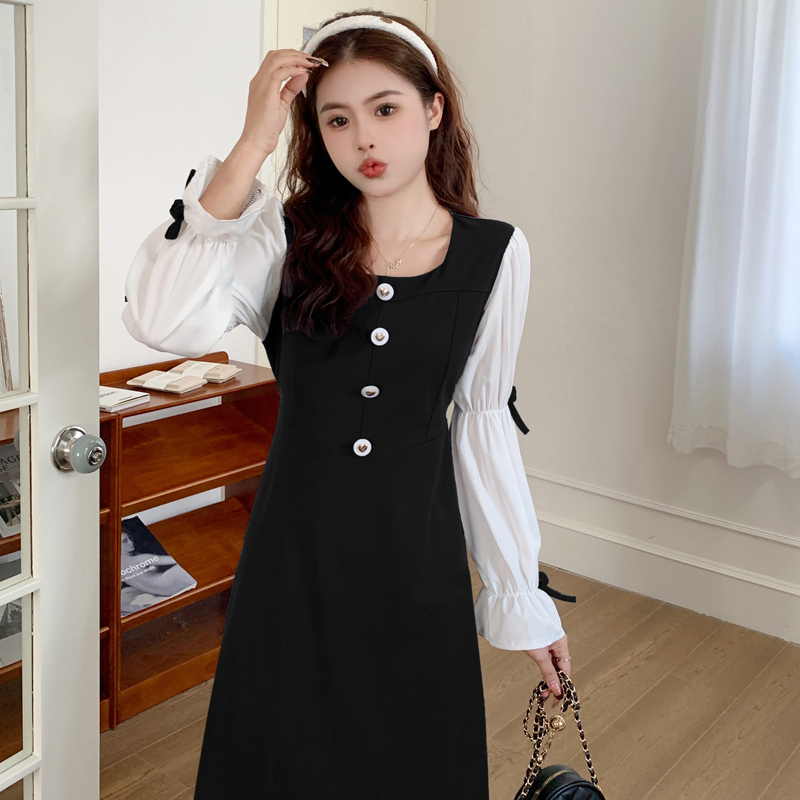 Real shot - 2024 spring and autumn plus size women's retro square collar bow tea break French slim dress