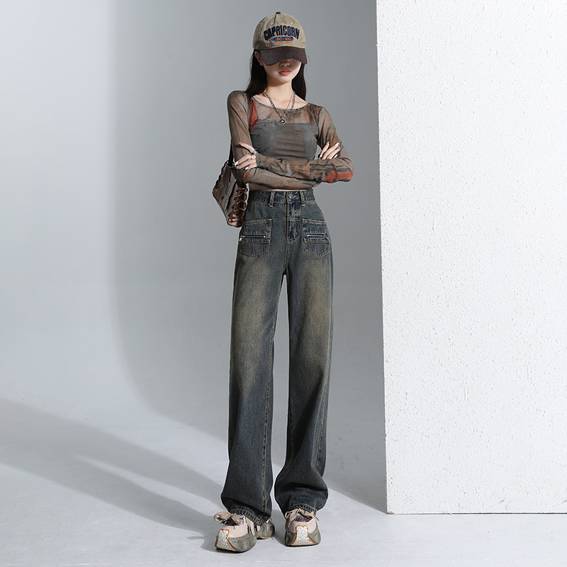 Actual shot of 2024 early spring wide-leg straight cigarette pants drape zipper double pocket denim trousers for women