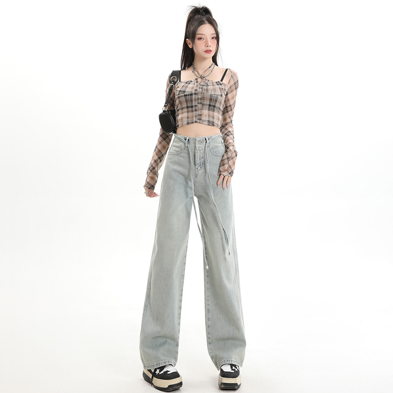實拍2024早春復古做舊辣妹牛仔褲女顯瘦寬鬆拖地褲子
