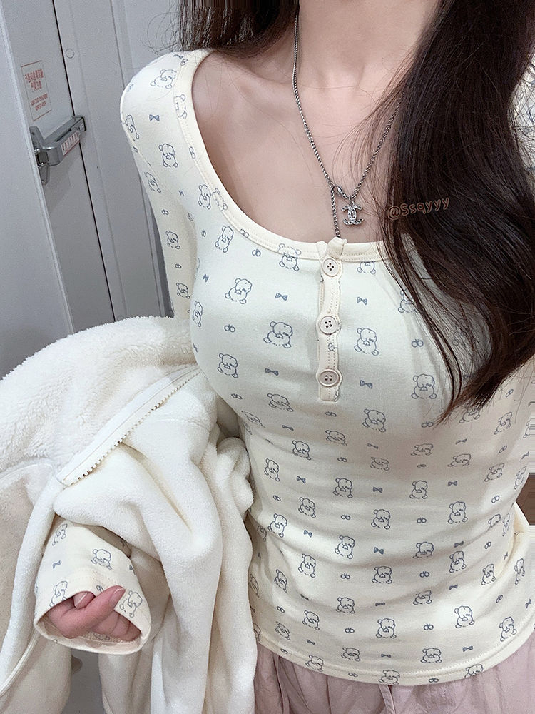 德絨 卡通小熊印花打底衫修身長袖T恤女秋冬加絨磨毛保暖內搭上衣