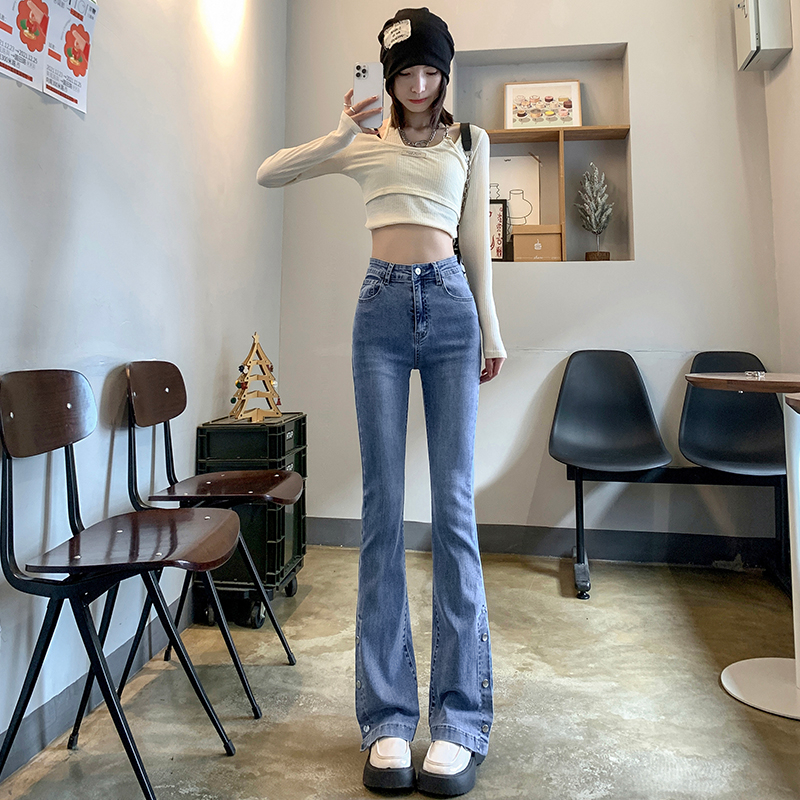 實拍2024早春微喇叭牛仔褲女高腰彈力顯瘦美式拖地馬蹄褲