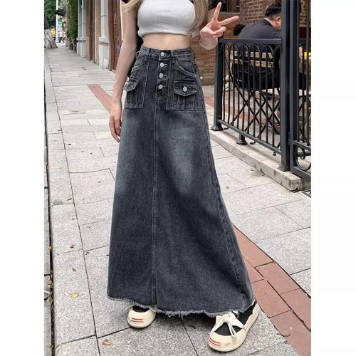 2024 Spring and Summer Retro Denim Skirt with Raw Edges for Women Plus Size Fat MM High Waist A-Line Mid-Length Hip Skirt