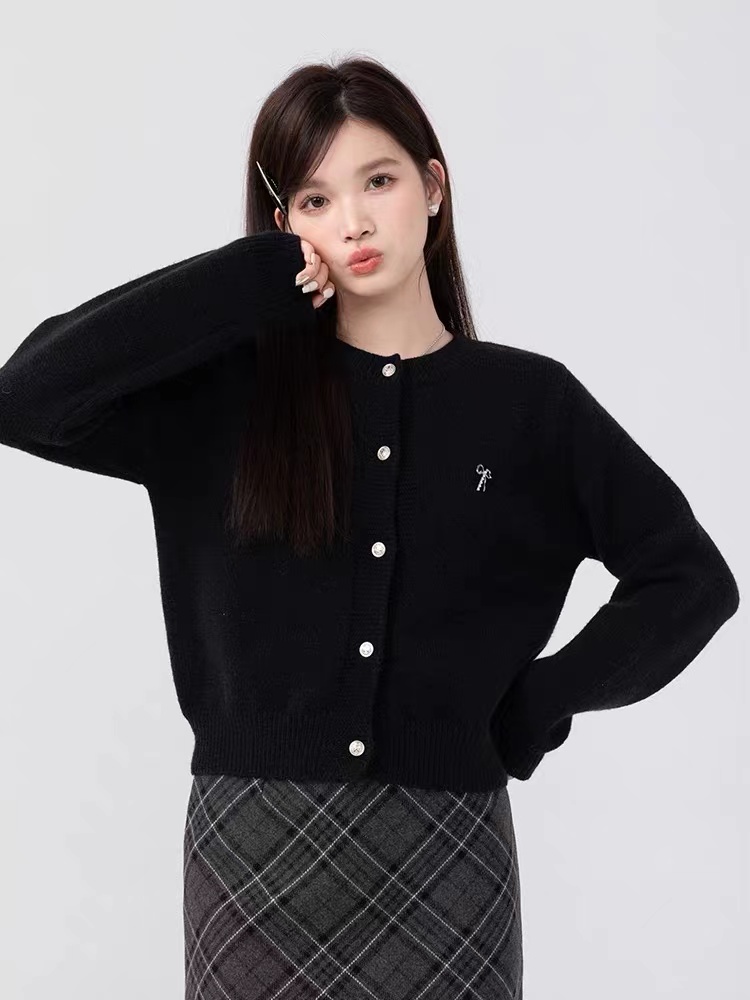 圓領黑色開衫毛衣女2024春秋設計感簡約百搭上衣