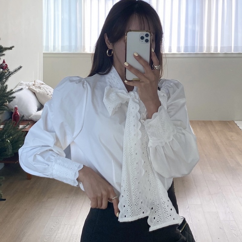 韓國chic春季新款溫柔氣質百搭蕾絲系蝴蝶結長袖蕾絲袖口女士襯衫