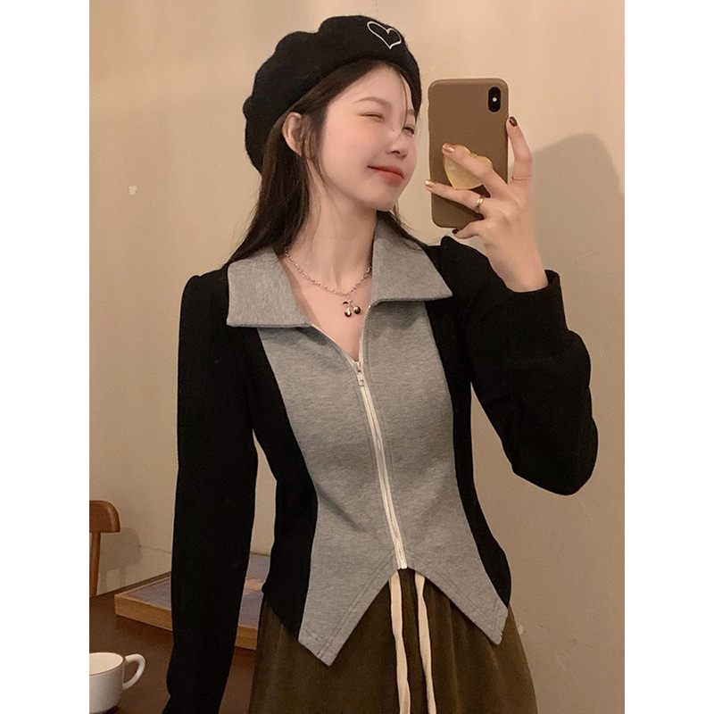 大碼女裝polo領打底衫內搭t恤秋冬新款胖mm顯瘦撞色長袖短款上衣