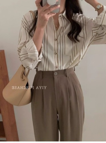 South Korea's Dongdaemun spring new niche style vertical striped loose long-sleeved shirt tops for women
