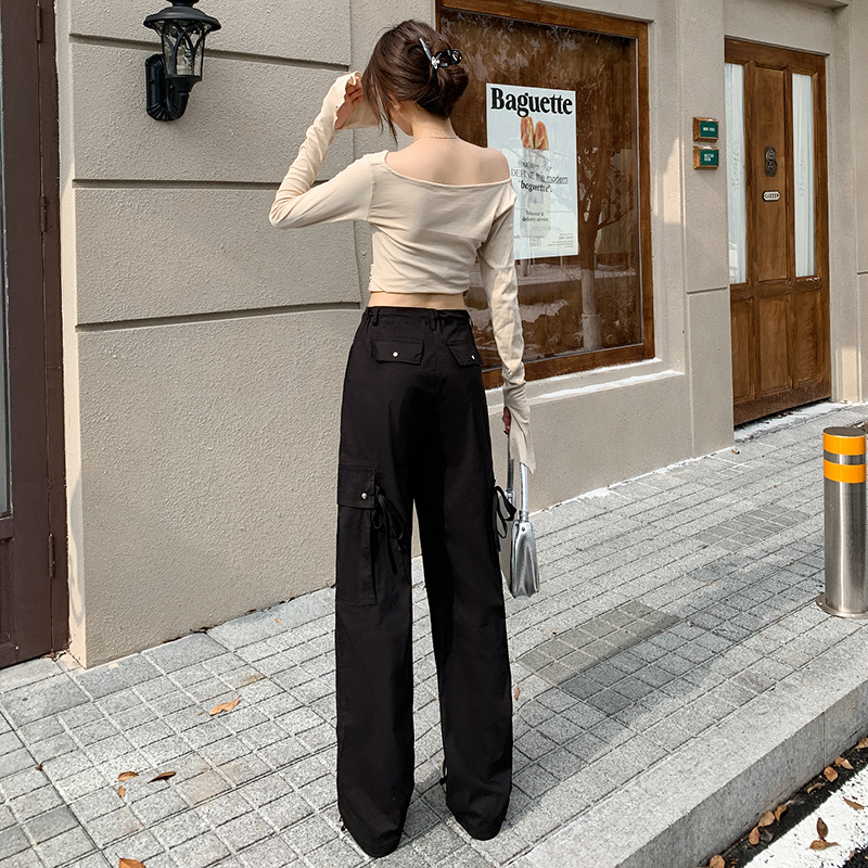 實拍2024早春街頭辣妹工裝褲寬鬆闊腿百搭高腰抽繩直筒褲女