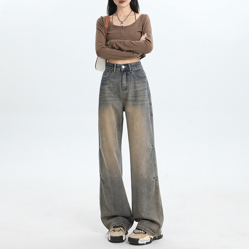 Retro jeans women's autumn and winter new high-waisted slimming loose straight high street floor mopping pants