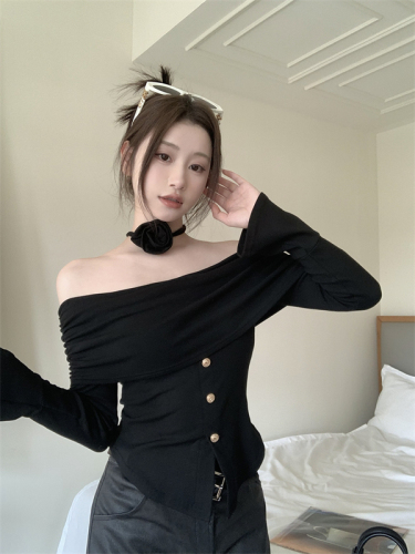 Actual shot of design one-shoulder lace-up floral slim-fit bottoming shirt spring and summer new slimming slit knitted t-shirt